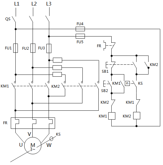 單向運轉(zhuǎn)電動機的電源反接制動控制電路 單向運轉(zhuǎn)電動機的電源反接制動控制電路